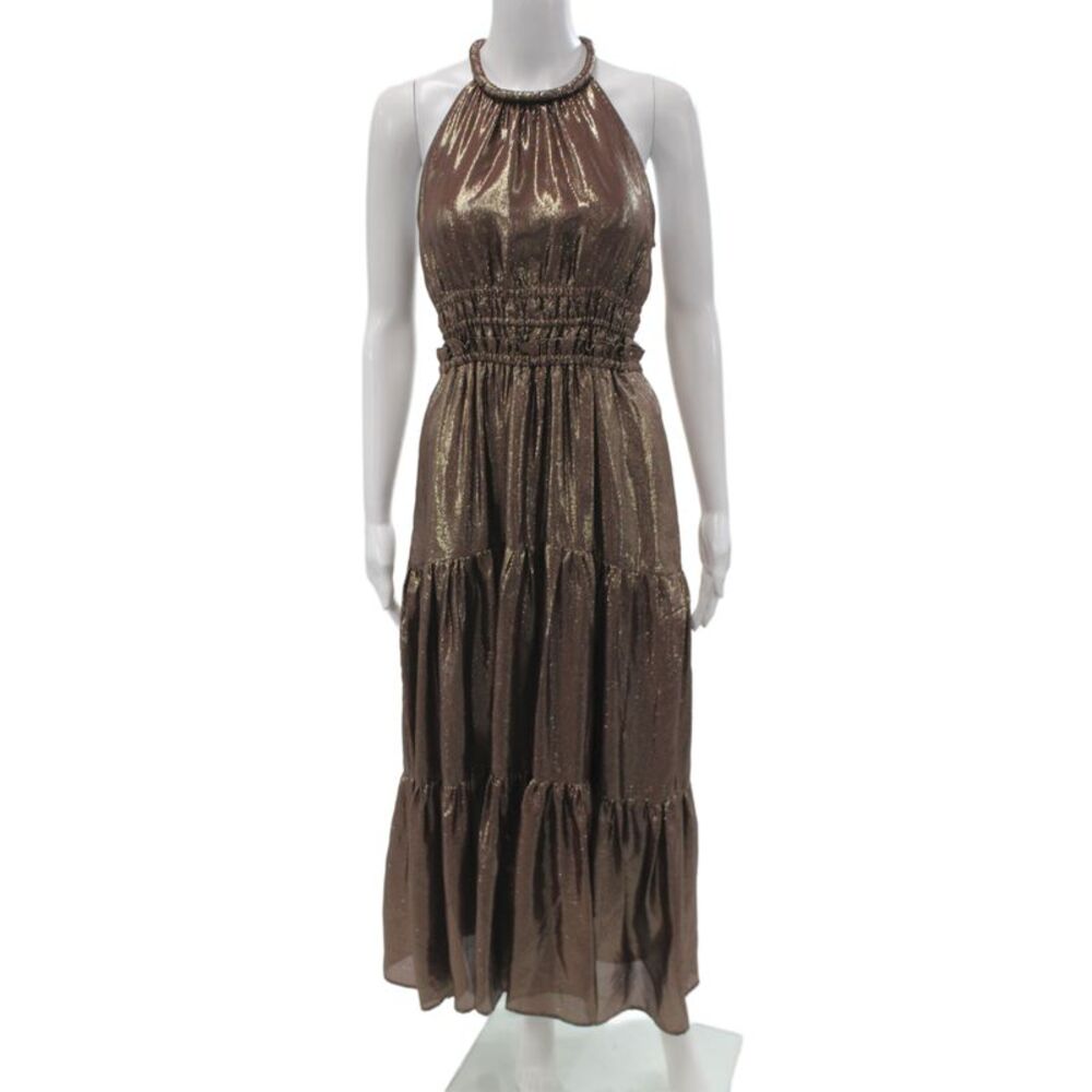 ALC Women Maxi Halter Striped Metallic Silk Long Dress Hook & Eye Size 4